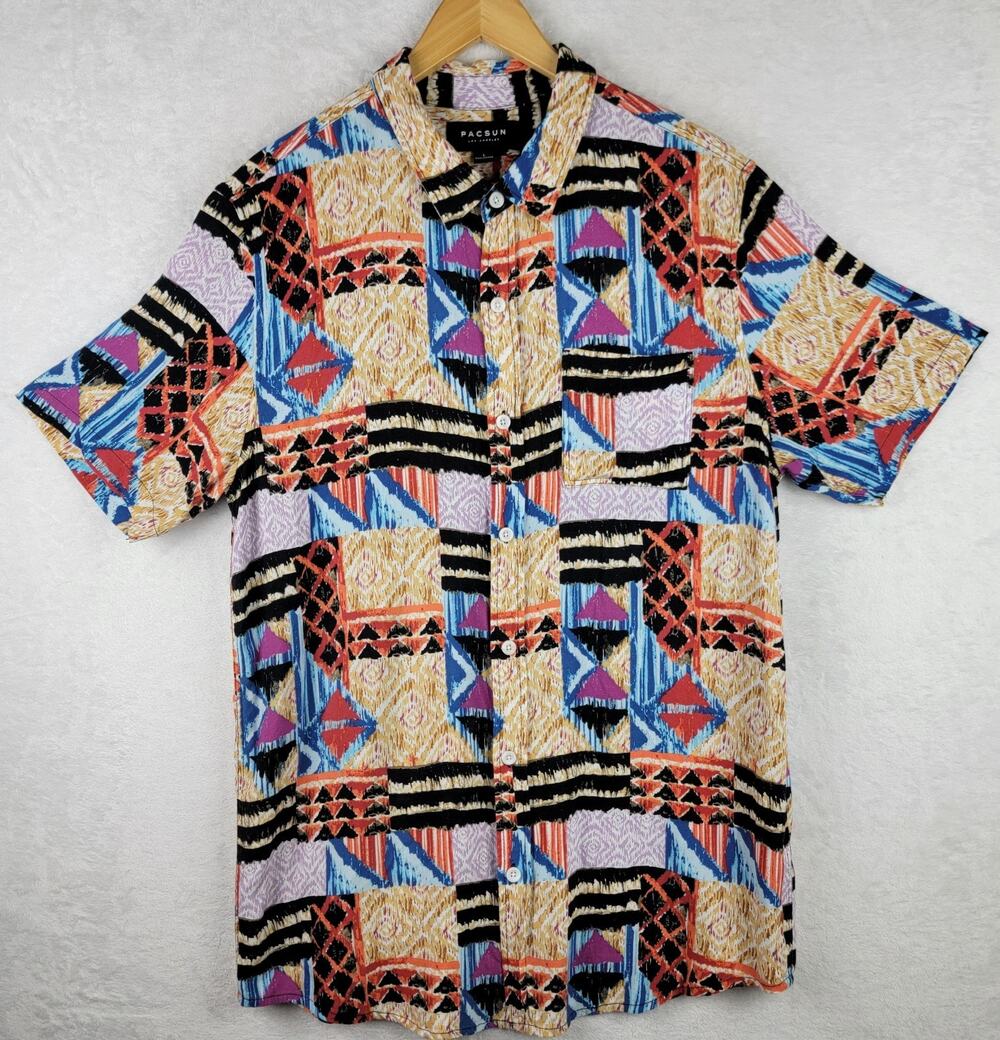 Retro Men Sz L Short Sleeve Button Shirt Artsy 90s Colorful Geometric Print Y2K